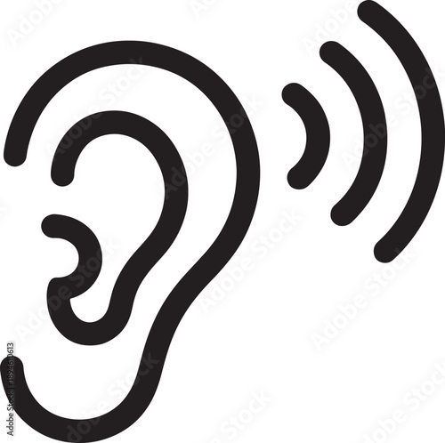 Simple black outline illustration of a human ear with sound waves emanating from it - audio, hearing, sound, ear, waves, icon, symbol, listening, perception, anatomy, physiology, health, medical, 
