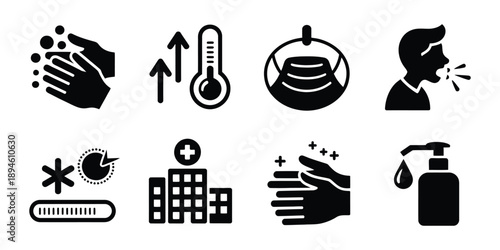 Hygiene and safety excellent icon set including hand hygiene, sanitizer, food contamination, allergy alerts, eye examination, hospital, patient care, clean hands vector illustration.