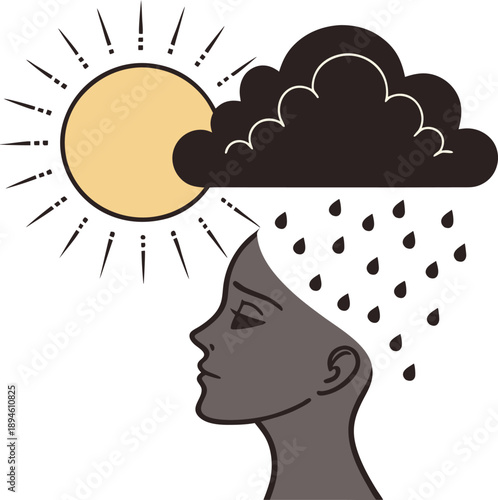 Conceptual illustration depicts a person's internal struggle between happiness symbolized by the bright sun and deep sadness represented by the dark rain cloud directly overhead influencing their mood