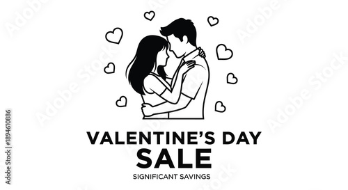 A romantic couple embracing surrounded by hearts and the text valentine s day sale on transparent background silhouette high quality professional detailed