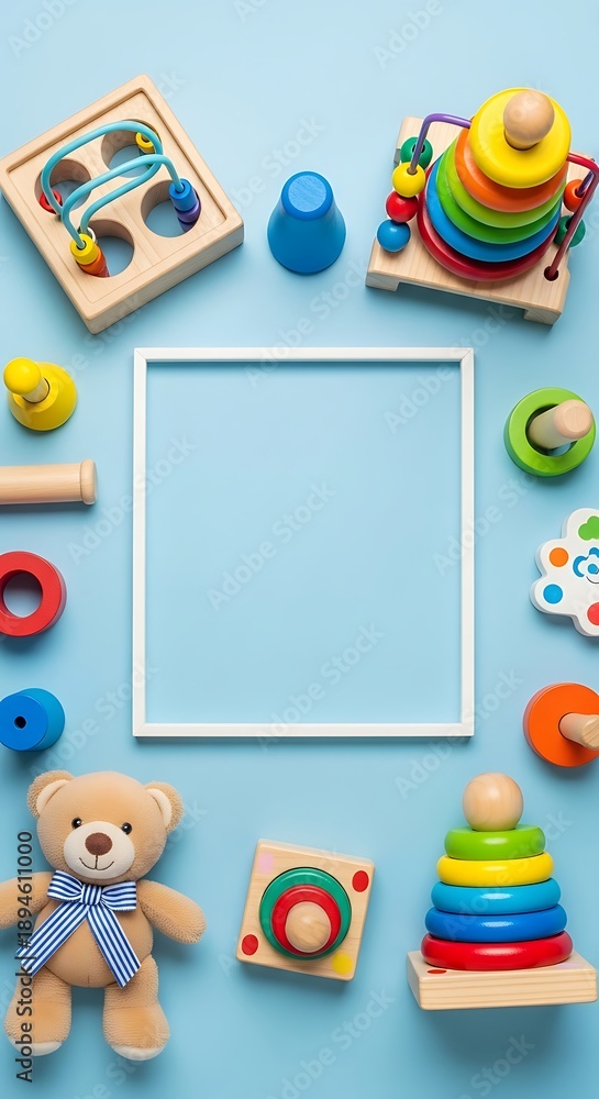 Obraz premium Colorful Baby Toys and Frame on Blue Background - A Playful Composition.