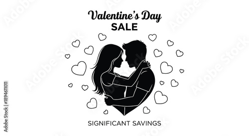 A valentine s day sale graphic featuring a couple in an embrace with floating hearts on transparent background silhouette high quality professional