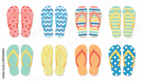 Flat lay of colorful flip flops with various patterns on a white background.