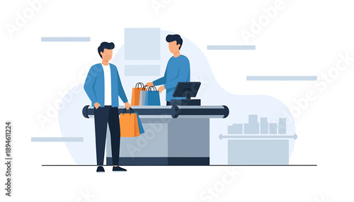 Customer at checkout counter with shopping bags interacting with cashier.