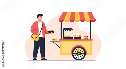 Man buying food from a colorful street food cart.