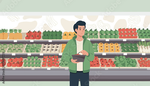 Man choosing fresh vegetables at a grocery store produce section.
