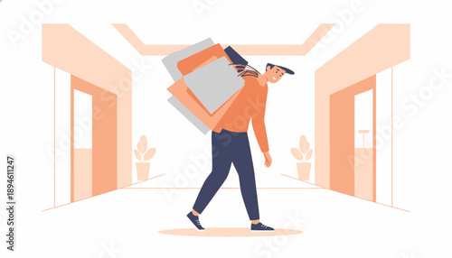 Man Carrying Heavy Stack of Boxes Indoors.