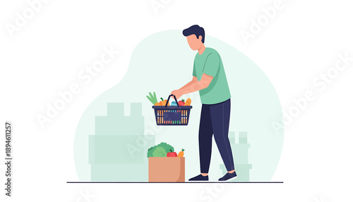 Man holding a grocery basket full of food items.