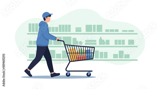 Man Pushing Shopping Cart in Supermarket Aisle.