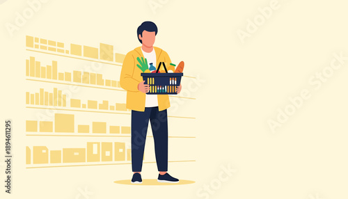 Man Holding Shopping Basket Full of Groceries in Supermarket.