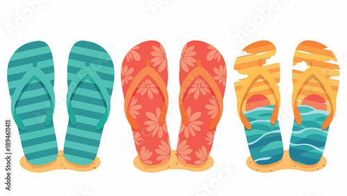 Colorful flip flops in various patterns on a white background with a flat lay composition.