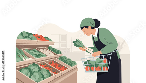 Woman choosing fresh vegetables at the grocery store produce section.