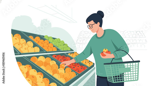 Woman choosing fresh fruits at a grocery store produce section.