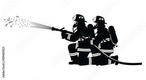 Two firefighters actively battling a blaze with a water hose depicted in a striking black silhouette on transparent background high quality