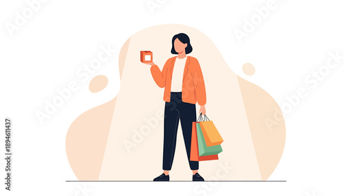 Woman holding credit card and shopping bags illustration.