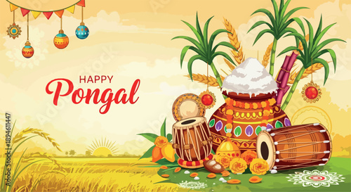 Illustration of a festive Pongal celebration with traditional Indian decorations, drums, and palm trees on a sunny yellow background.