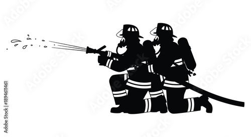 Two firefighters battling a blaze with a hose depicted in a striking black silhouette on transparent background high quality professional detailed
