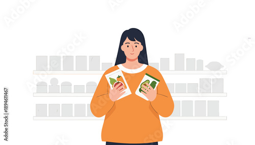 Woman holding two books in a library or bookstore.