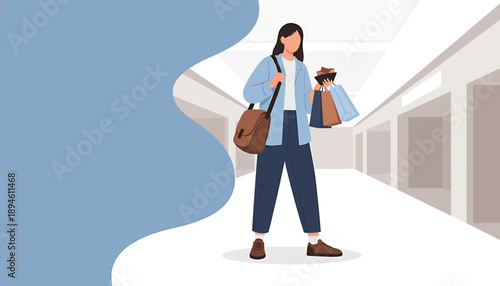 Woman holding shopping bags and purse in a modern mall.