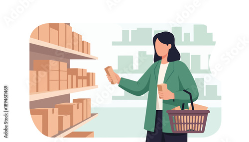 Woman Shopping for Groceries in a Supermarket Aisle.