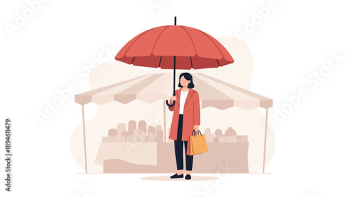 Woman holding umbrella at outdoor market stall.