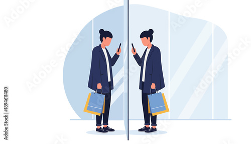 Woman looking at phone holding shopping bags reflected in mirror.