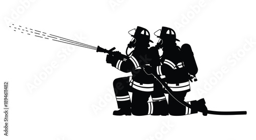 Two firefighters battling a blaze with a hose depicted in a stark black silhouette on transparent background high quality professional detailed