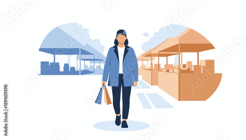 Woman walking with shopping bags at an outdoor market.