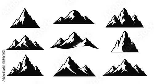 A collection of nine black mountain silhouettes varying in shape and size ideal for design projects on transparent background high quality