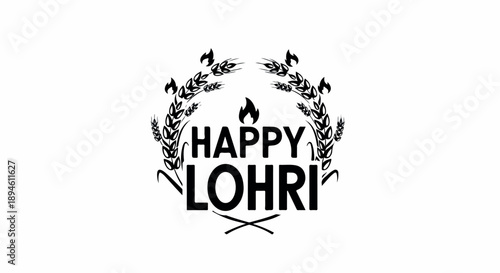 Black and white graphic illustration of Happy Lohri text surrounded by a floral wreath on a white background.