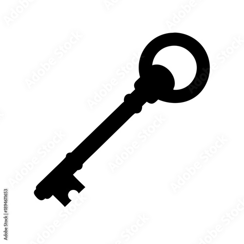Vintage Skeleton Key Silhouette Vector Icon - Antique Door Lock and Security Symbol