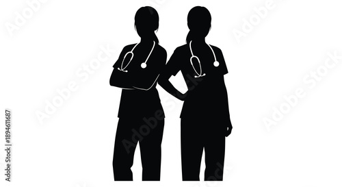 Two female doctors with stethoscopes arms crossed presented as a dark silhouette on transparent background high quality professional detailed modern elegant