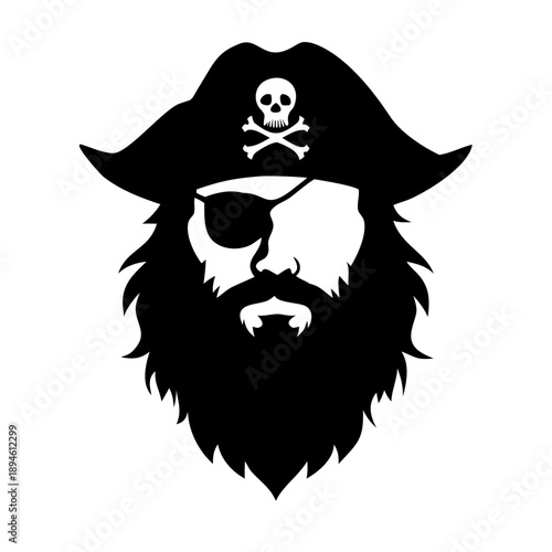Bearded Pirate Captain Silhouette Vector Icon - Nautical Buccaneer with Eyepatch and Jolly Roger Hat