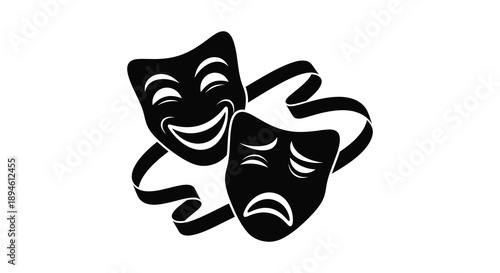 Two theatrical masks one smiling and one frowning depicted in a striking black silhouette on transparent background high quality professional detailed