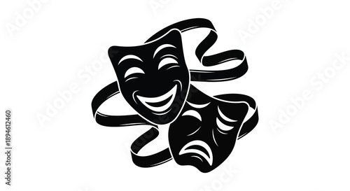 A striking image of comedic and tragic theater masks intertwined perfect for design use on transparent background silhouette high quality professional