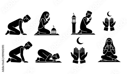Black Ramadan Prayer Icons Set – Islamic Prayer Silhouette Vector