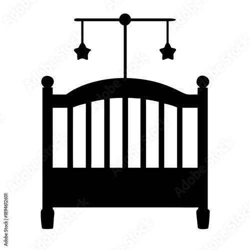 Baby Crib Silhouette Vector Icon - Nursery Bed with Hanging Star Mobile Infant Furniture Symbol