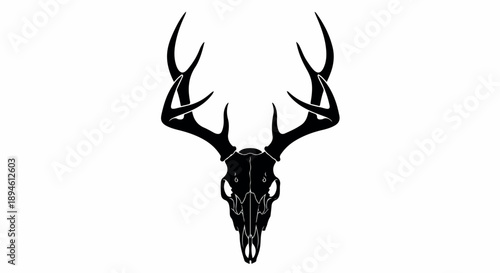 Black silhouette of a deer skull with antlers on a white background in a graphic resource style.