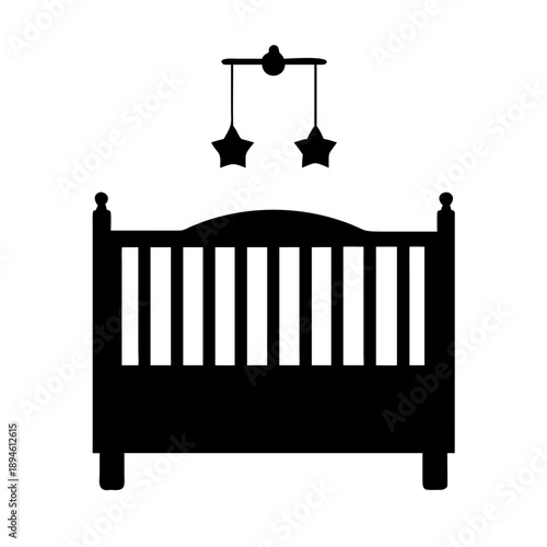Baby Crib Silhouette Vector Icon - Nursery Bed with Hanging Star Mobile Infant Furniture Symbol