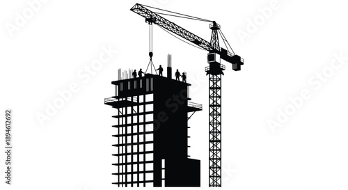 A black silhouette of a crane lifting materials to a high rise building under construction on transparent background silhouette high quality professional