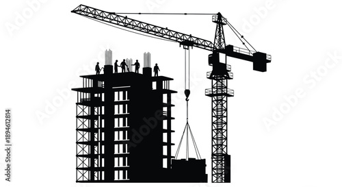 A black silhouette of a construction site featuring a towering crane and unfinished building on transparent background high quality professional detailed