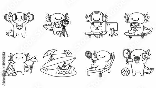 A set of eight cartoon koalas engaging in various leisure activities such as exercising, surfing, working on a computer, playing sports, and relaxing on a beach chair, all in a simple line