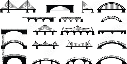 Bridge silhouettes vector collection, architectural structure illustrations, civil engineering bridge icons, suspension arch and cable bridge