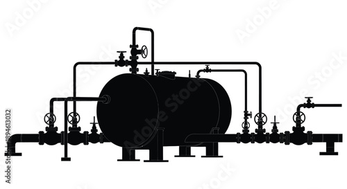 A detailed black silhouette of an industrial tank with pipes and valves ideal for technical designs on transparent background high quality