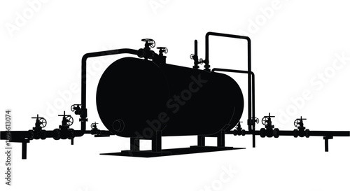A black silhouette of an industrial storage tank with pipes and valves on transparent background high quality professional detailed modern elegant