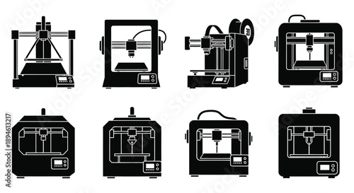 A collection of six 3d printer icons in varying styles presented as a black silhouette on transparent background high quality professional