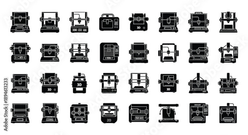 A collection of twenty nine black silhouette vending machines displayed in a grid pattern on transparent background high quality professional detailed modern