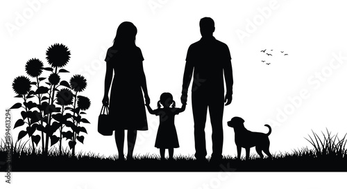 A family of four stands in a field of sunflowers with a dog presented as a striking silhouette on transparent background