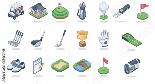 3D isometric golf icon set with cart, clubhouse, equipment, and course elements.
