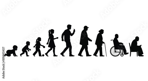 A black silhouette depicting the stages of human life including mobility aids on transparent background high quality professional detailed modern elegant